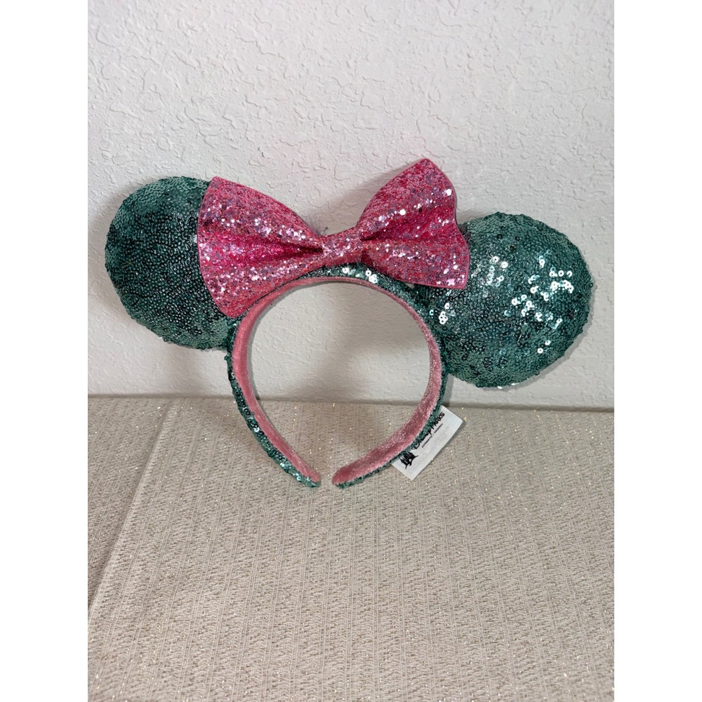 Disney Parks Minnie Mouse Headband‎ Women OS Teal Pink Excellent Sequin Ears Bow